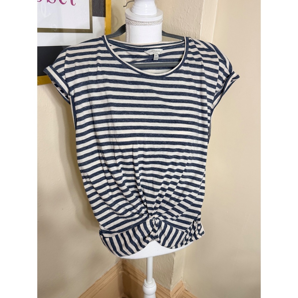 Lucky Brand Womens Striped Front Knot Short Sleeve Tee Navy White 7WP8482 M
